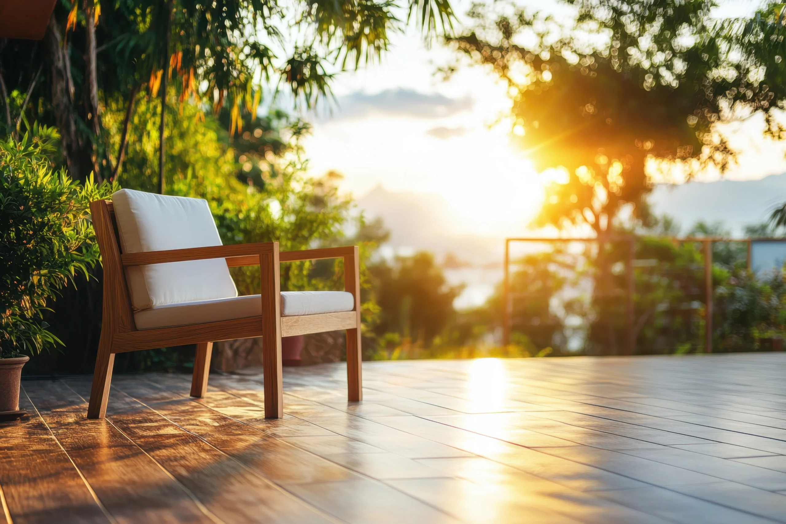 239267197_l (1) A peaceful wooden chair sits on a sunny deck, surrounded by tropical plants as the sun sets in the background.